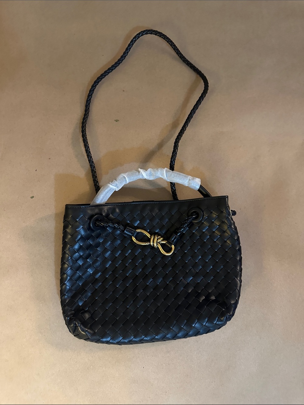 Commense Black Woven Shoulder Bag with Gold Accent